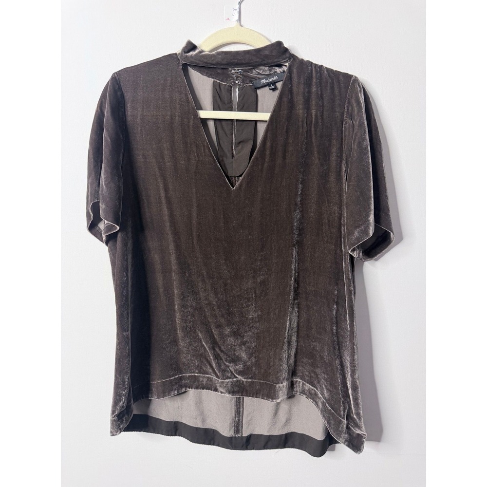 Madewell Silk Blend Velvet Choker V-Neck Top Brown Medium